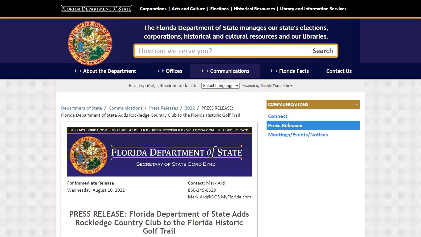 PRESS RELEASE: Florida Department of State Adds Rockledge Country Club ...